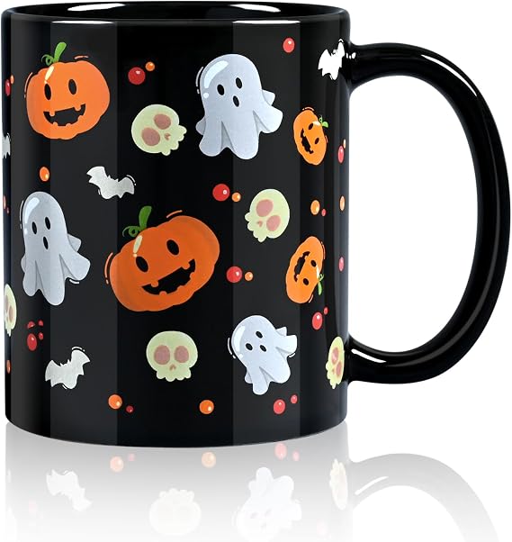 YHRJWN Halloween Ghost Mug, Halloween Cups, Pumpkin Fall Mug for Party Table Centerpiece Decor, Goth Spooky Gifts for Teens, Cute Coffee Mugs, 11 Oz Black