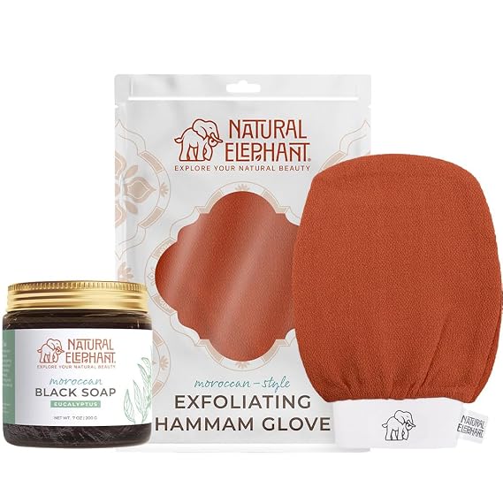 Natural Elephant Moroccan Black Soap 200g (7oz) and Exfoliating Hammam Glove Combo (Burnt Orange)