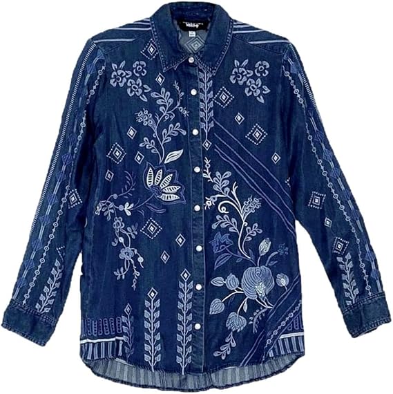 Johnny Was Women's Willow Button Down Shirt, Denim Blue