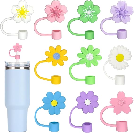 10Pcs 10mm Straw Covers Cap, Flower Straw Cover Toppers Compatible with Stanley 30&40 Oz Tumbler with Handle, Reusable Silicone Straw Tips Lids Protectors Cup Accessories