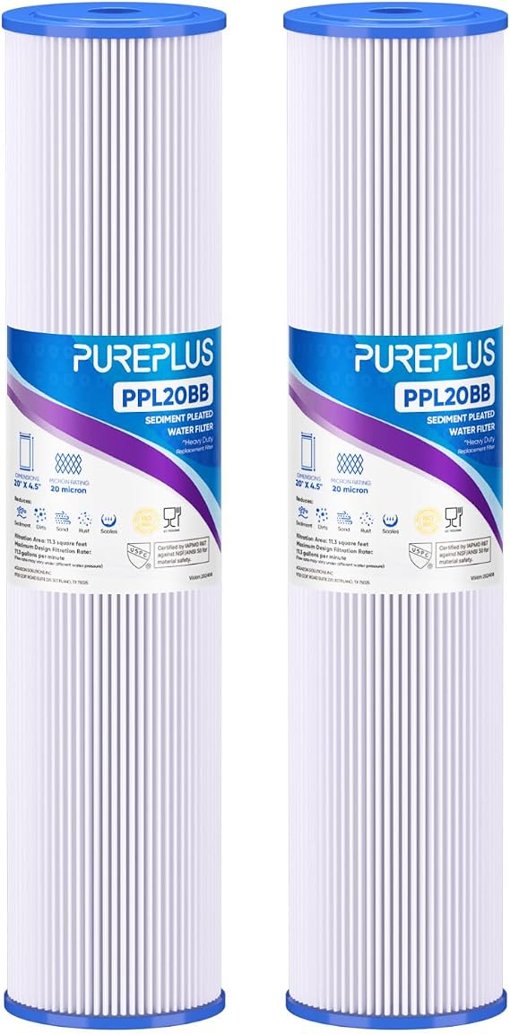 PUREPLUS 20" x 4.5" Whole House Pleated Sediment Filter for Well Water, Replacement Cartridge for ECP5-BB, AP810-2, HDC3001, SPC-45-1005, CP5-BB, ECP1-20BB, 2Pack