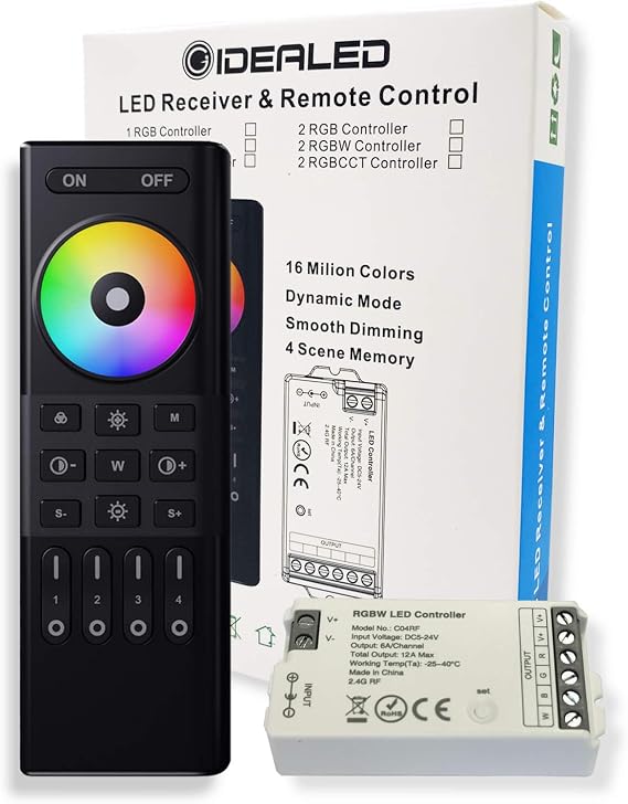 RGBW LED Controller with RF Remote Control,2.4GHz Wireless 4-Zone Remote Control Group Control 5050SMD COB 5Pin RGBW LED Strip Light DC5V-24V Dimming Color Changing(No power supply and light strip） | for FCOB RGB RGBW Strips, Dimming & Color Changing, 2.4GHz Wireless, 4 Zones Control