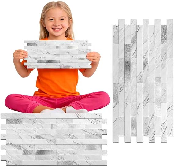 Peel and Stick Backsplash Tile Waterproof Removable PVC Wall Sticker 3D Faux Stone Marble Brick White Accent Panels (White Marble - Metal Silver, 20 Tiles - 9 sq. ft. (0.84 M2))