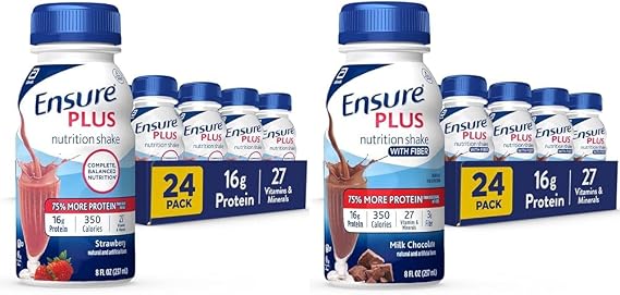 Ensure Plus Nutrition Shake with 16 Grams of Protein & Ensure Plus Nutrition Shake With Fiber, 16 Grams of Protein, Meal Replacement Liquid, Milk Chocolate, gluten free, 8 Fl Oz (Pack of 24)