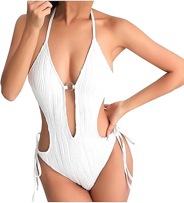 HGps8w Womens O-Ring Cutout One Piece Swimsuit Sexy Deep V Neck Halter Backless Bathing Suit Bulit-in-Bra Swimwear