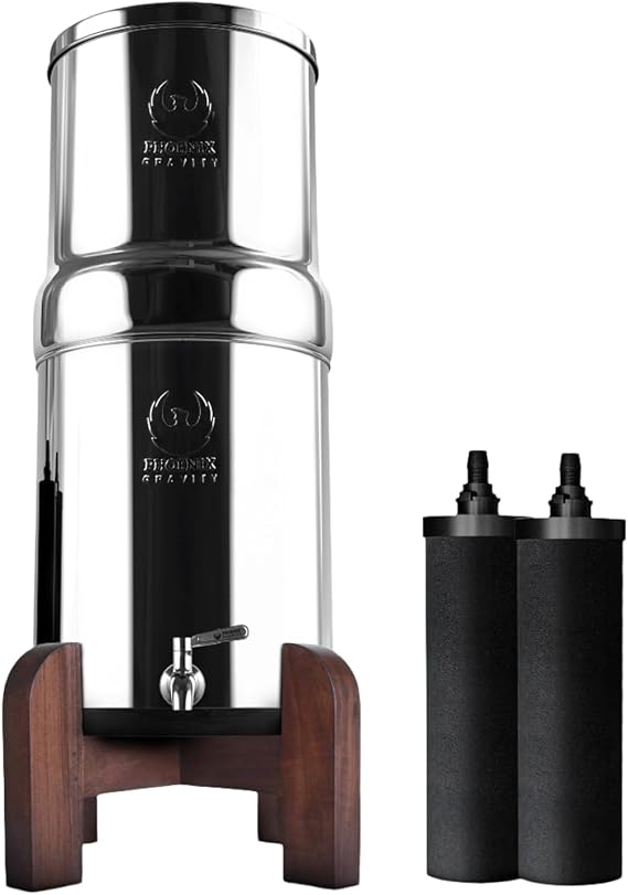 PHOENIX GRAVITY 6-Litre Gravity Water Filter AISI 304 Countertop Water Filter System with NSF/ANSI 42 & 372 Certified 2 Smart Carbon Filters Cartridge, Teak Wood Stand, Stainless Steel Tap Included