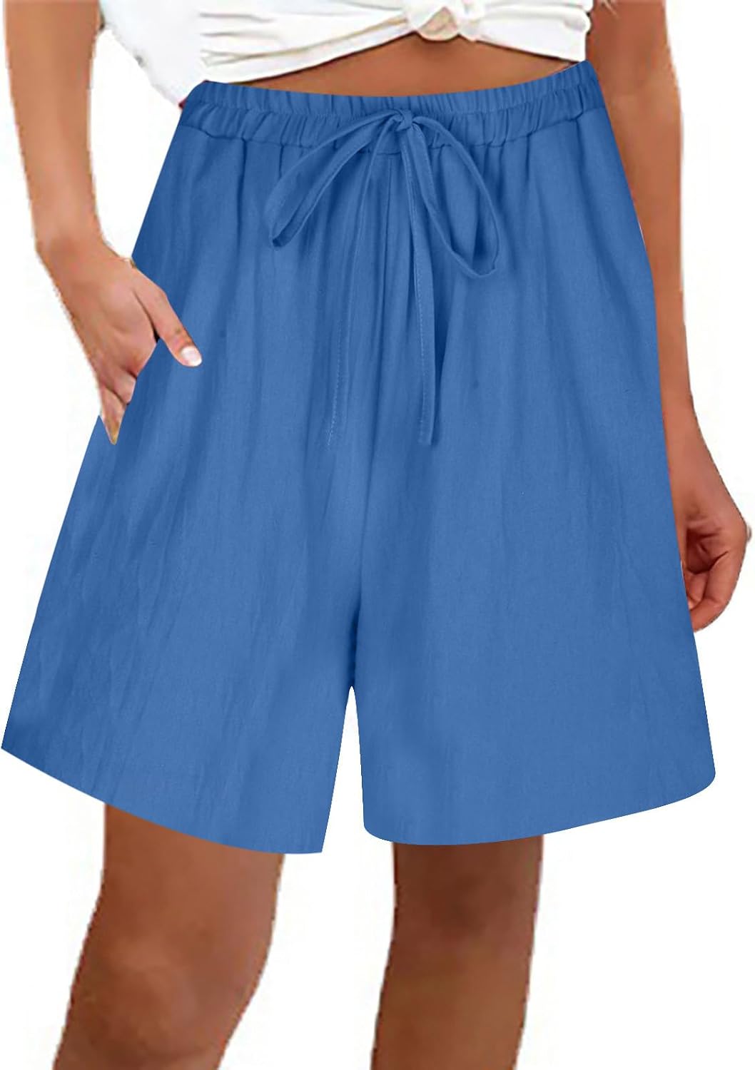 Shorts for Women Trendy Summer Elastic High Waisted Knee Length Bermuda Short Loose Casual Comfy Shorts with Pockets