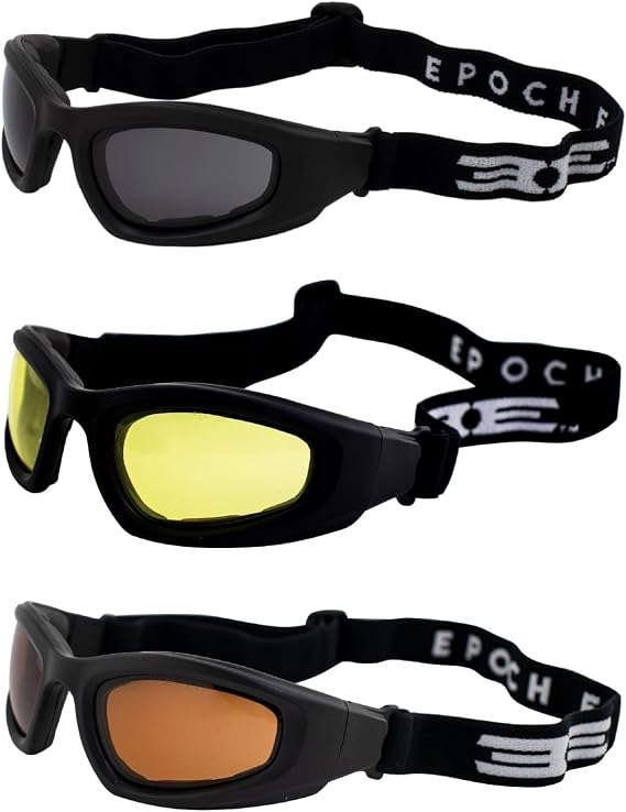 Epoch Eyewear Black Padded Motorcycle Goggles 3 Pair Smoke Yellow and Amber Lenses