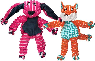 KONG Floppy Knots Dog Toy Bundle for SmallMedium Dogs Durable Plush Toys with Internal Knotted Ropes & Squeakers Minimal Stuffing for Less Mess Bunny and Fox, SmallMedium