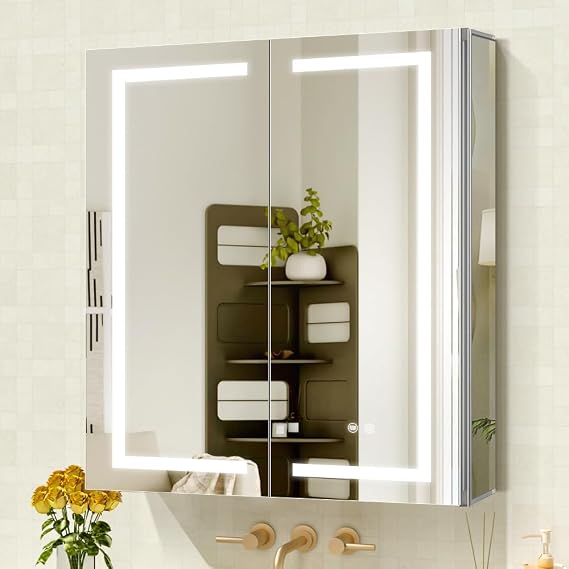 LED Mirror Cabinet,Bathroom Mirror Cabinet with Lights,76cm×81cm,Equip with Internal Light,Aluminum Construction,USB Shaver Socket,3 Color,Dimmer,Demister,Surface Mounted and Recess Mounted