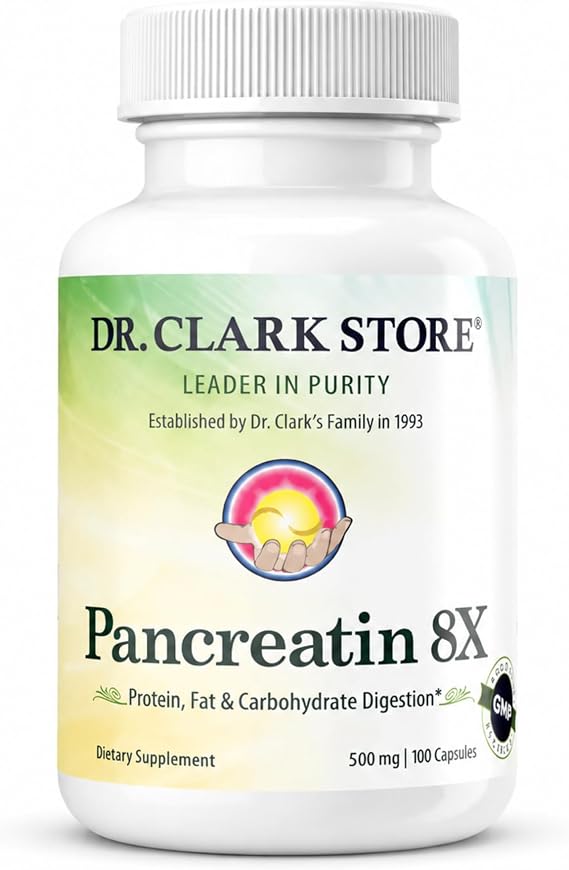Dr. Clark Pancreatin 8X Enzyme Supplement 500mg | Several Digestive Aids Formulas Promotes Proteins, Fat | Carbohydrates Healthy Supports Optimal Digestion - 100 Gelatin Capsules