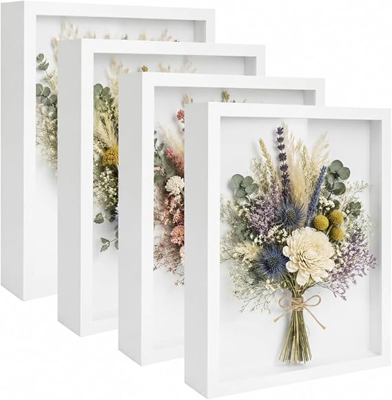4 Pack Shadow Box Frame Display Cases, 8"x 10" Wood Deep Black Handicrafts Shadowbox Picture Frame for Flowers Jersey Baby Wedding Dress(White)