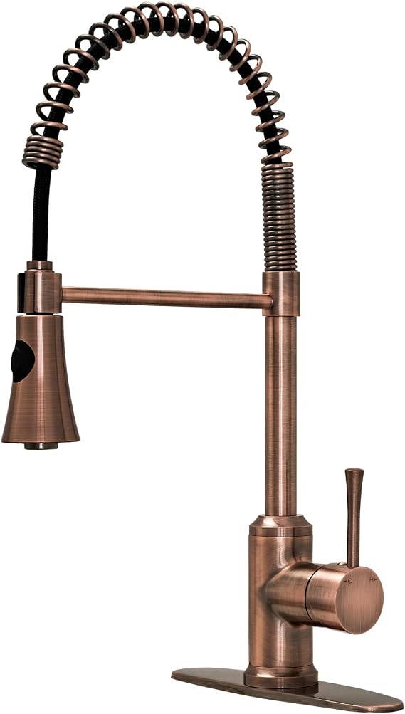 Akicon Pre-Rinse Spring Kitchen Faucet, Single Handle Solid Brass High Arc Pull Down Sprayer Head Kitchen Sink Faucet with Deck Plate (Antique Copper)