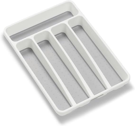 madesmart Classic 5 Compartment Compact Silverware Tray, White | non slip feet, rounded corners, branded icons, soft grip lining, forks knives spoons, flatware sorting, woman owned