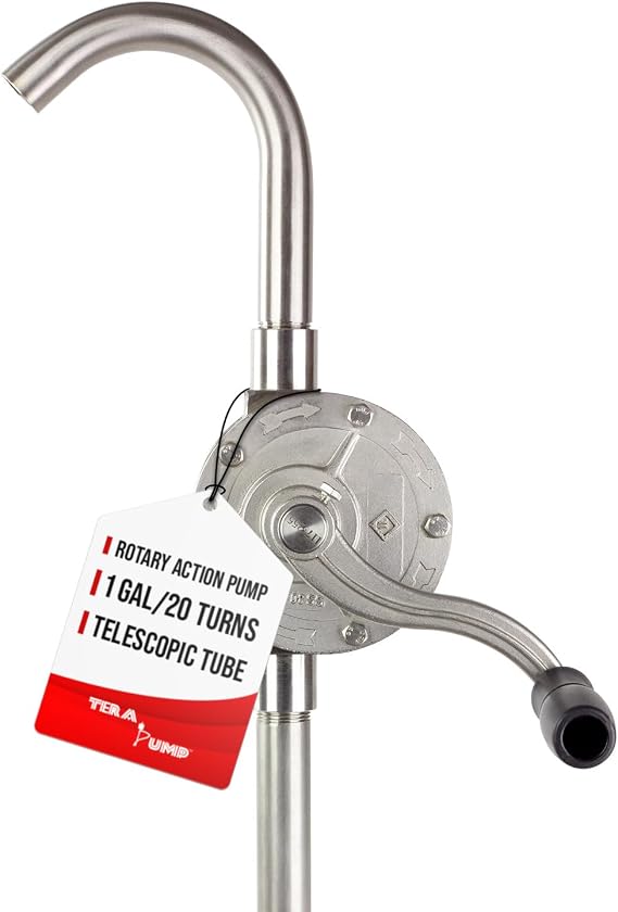 TERA PUMP Stainless Steel Rotary Hand Pump for 15 to 55 Gallon, Suitable for Gas, Diesel, Antifreeze, Acids, Chemicals, DEF, E85, Non-Corrosive Liquids; Features Adjustable Suction Tube