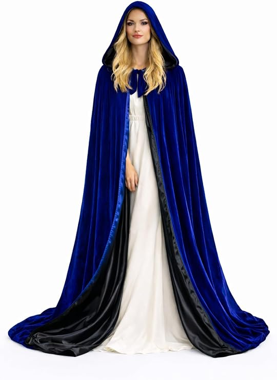 Blue Cloak with Hood for Adult Men Women Velvet Hooded Cape Costume Lined in Black Satin