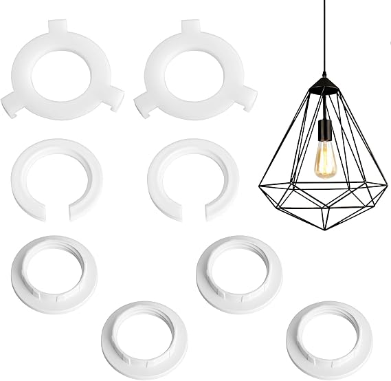 E27 to E14 Lampshade Reducer Ring, 8 Pack Plastic Socket Adapter. | 8-pack E27 to E14 reducer rings. Converts large sockets for small shades. Durable white plastic. Fits standard E14 fixtures.