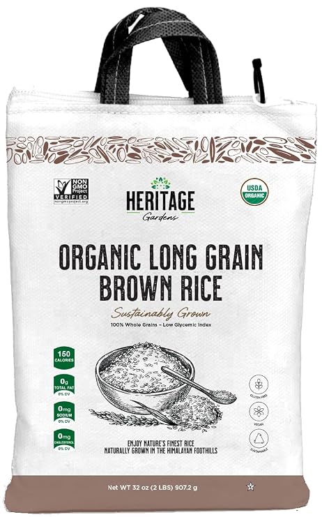 Heritage Gardens Organic Long Grain Brown Rice 32 oz (2 lb) Whole Grain, Non-GMO, Gluten Free, Low-Arsenic, High Fiber Himalayan Grown Everyday Brown Rice