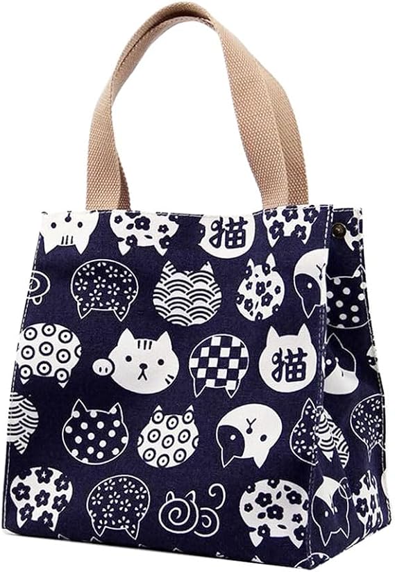 1Pcs Chic Thermal Insulated Lunch Bag Cat Animal Print Canvas Secure Zip PVC Lining for Picnics Office Lunch Bag