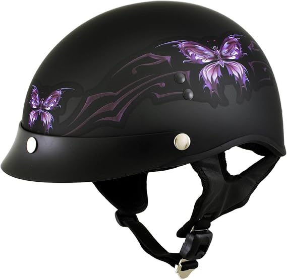 Hot Leathers HLT70 Purple Butterfly Flat Black Advanced DOT Motorcycle Half Face Biker Helmet - Medium