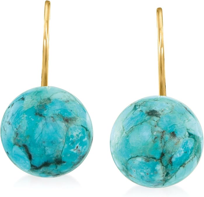 Ross-Simons Button Turquoise Drop Earrings in 14kt Yellow Gold