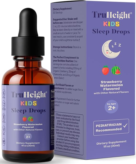 TruHeight Kids Sleep Tincture Ages 2+ (Watermelon Flavor) - Babies, Toddlers & Kids Natural Sleep Aid - Baby, Toddler, Child Melatonin 2 Year Old+ Vitamin B6, Riboflavin, Zinc, Copper, Lemon Balm