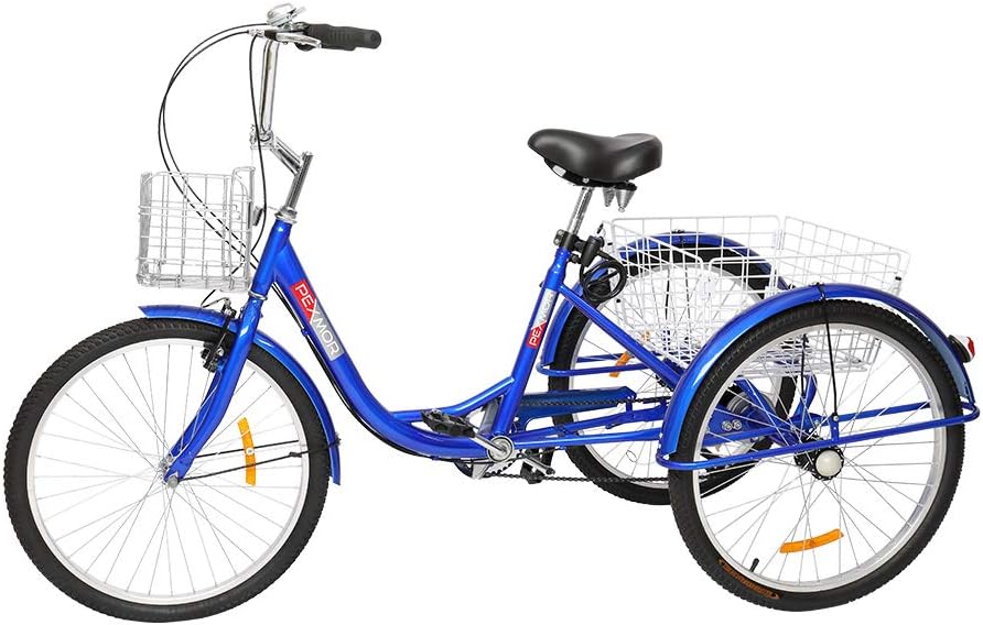 PEXMOR Adult Tricycle, 7 Speed Trike Cruise Bike with 26 Wheels, Adults 3 Wheeled Bike with Foldable Front and Rear Basket Adjustable Height Seat for Recreation, Shopping, Picnic, Exercise, Blue