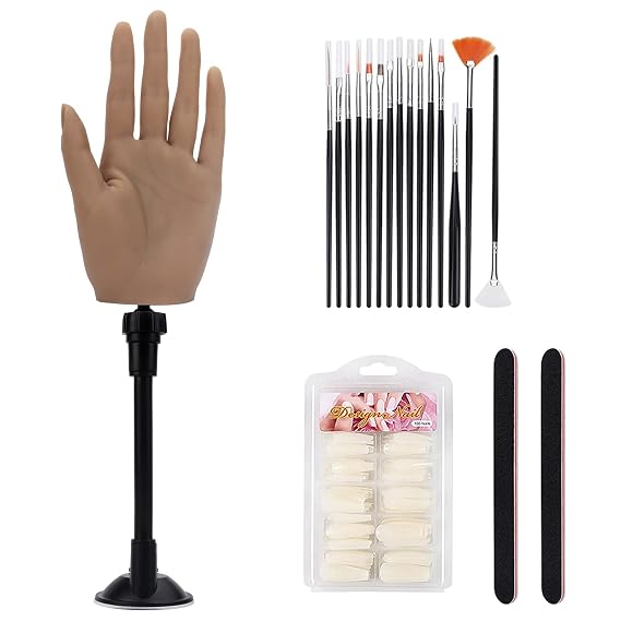 LIONVISON Silicone Practice Hand for Acrylic Nails with Bracket,Realistic Nail Practice Hand Stand, Flexible Bendable Nail Training Mannequin Hand for Nails Practice Nail Art Tools ( Left Hand )