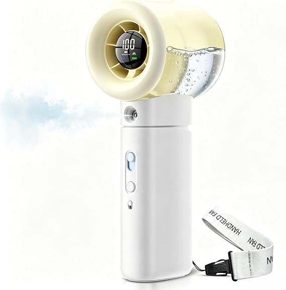 Portable Misting Fan Handheld Powerful Turbo Fan, 100 Speeds, 6000mAh Rechargeable Battery, LED Display, Spray Mist Personal Mini Fan for Travel, Beach, Outdoor Camping (Natural White)