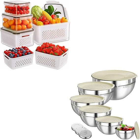 4-Pack Fruit Storage Containers for Fridge with Removable Colanders and 6 PCS Stainless Steel Mixing Bowls with 3 Grater Attachments, Kitchen Food Storage Organizers Nesting Mixing Bowl