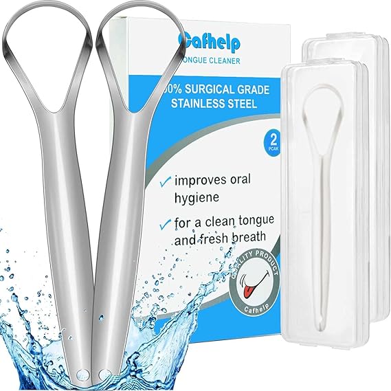 Cafhelp 2-Pack Tongue Scraper, 100% 304 Surgical Stainless Steel Tongue Cleaner for Both Adults and Kids, Professional Reduce Bad Breath Metal Tongue Scrapers, Help Your Oral Hygiene (with 2 cases)