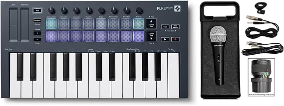 Novation FLkey Mini Bundle: Compact 25-Mini-Key MIDI Keyboard Controller for FL Studio, RMC-XLR High-End Metal DJ Handheld Wired Microphone with 2 Cables, 2-items
