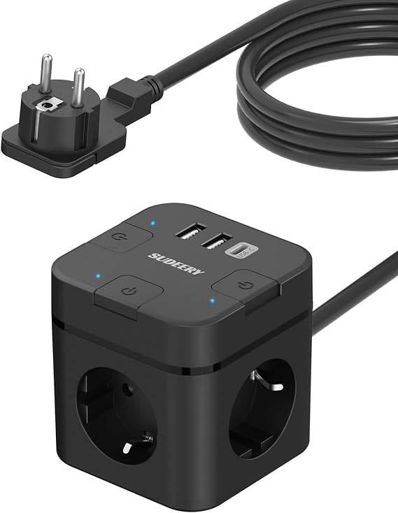 3-Way Multiple Socket Flat Plug with Individually Switchable Black