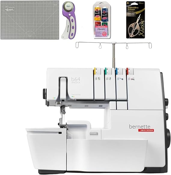 Bernette B64 Airlock Serger Overlocker with Air Threading | 1300SPM, Free Hand & Arm System, LED Light | Scissors, Rotary Cutter, Threads Bundle, Self-Healing Foldable Cutting Mat, Extension Table