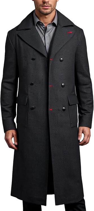 Mens Black Wool Blend Full Length Single Breasted Classic Winter Charcoal Gray Long Trench Pea Coat