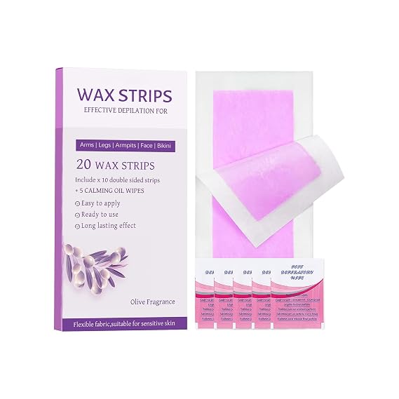 Wax Strips for Hair Removal, Natural All Skin Types, Facial Hair Removal For Women, Waxing Kit for Women's Eyebrows, Lips, Body, Legs, and Bikini Line, 20 PCS with 5 Wipes