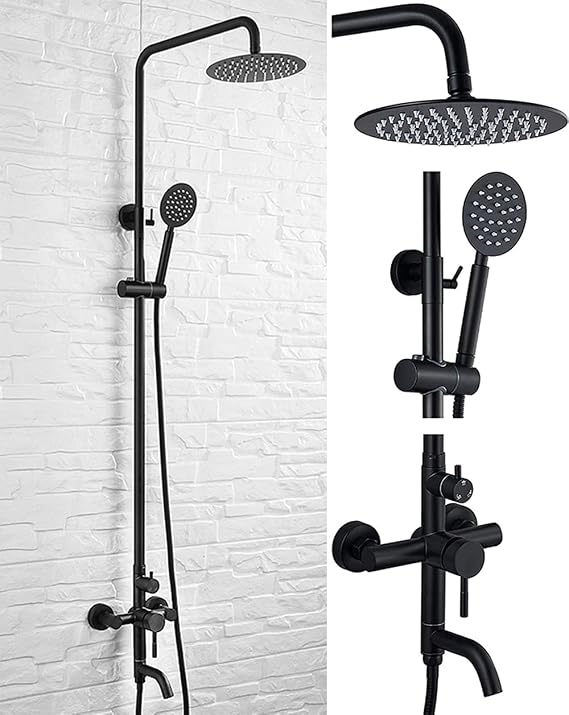 DASAN Outdoor Shower Fixture Set 3-Function Matte Black Shower Faucet Set 8 Inch Rainfall Shower Head with Handheld Sprayer and Spout SUS 304 Stainless Steel Bathroom Shower Set