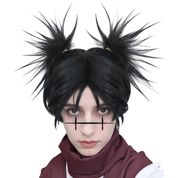 5Pcs Black Anime Cosplay Wig with Bangs Black Ponytails Hair Women