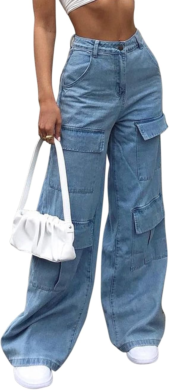Baggy Jeans for Women Cargo Trousers Y2K High Waisted Denim Pants Women Wide Legs Jeans with Pockets Vintage Casual Fashion Streetwear Size 6-20 for Ladies Tees Girls