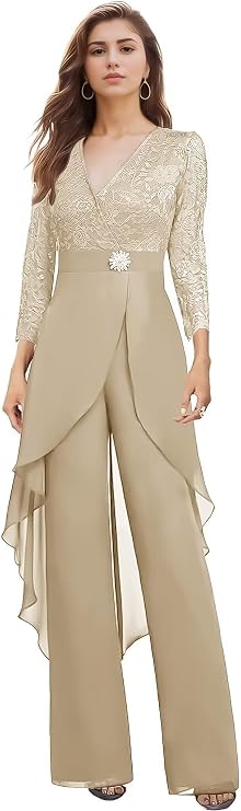 2 Pieces Mother of The Bride Pant Suits for Wedding Long Sleeve V Neck Chiffon Lace Pant Suits for Women 2026