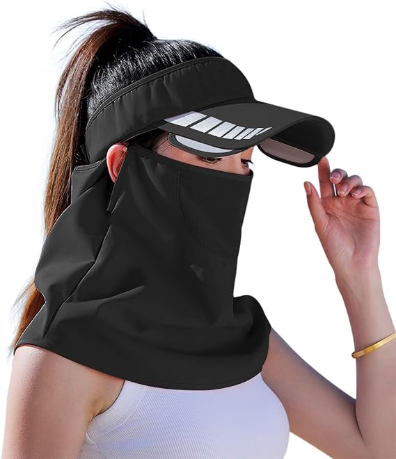 Unisex Retractable Brim Sun Visor Open Top Sun Hat Cap with Face Neck Flap UV Protection Hat Women Men