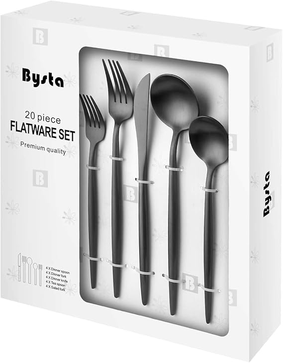 Matte Black Silverware Set, Bysta 20-Piece Stainless Steel Flatware Set Cutlery Set Service For 4, Satin Finish, Dishwasher Safe, Nice Gift Box