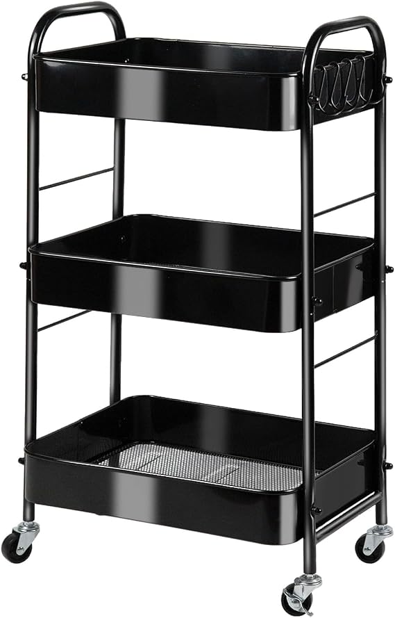 SUNLPH 3-Tier Rolling Utility Cart with Stopper Caster Wheels and 4 Hooks, Easy Assembly, for Kitchen, Bathroom, Living Room, Office (17.7L x 12.2W x 29.1H, Black)
