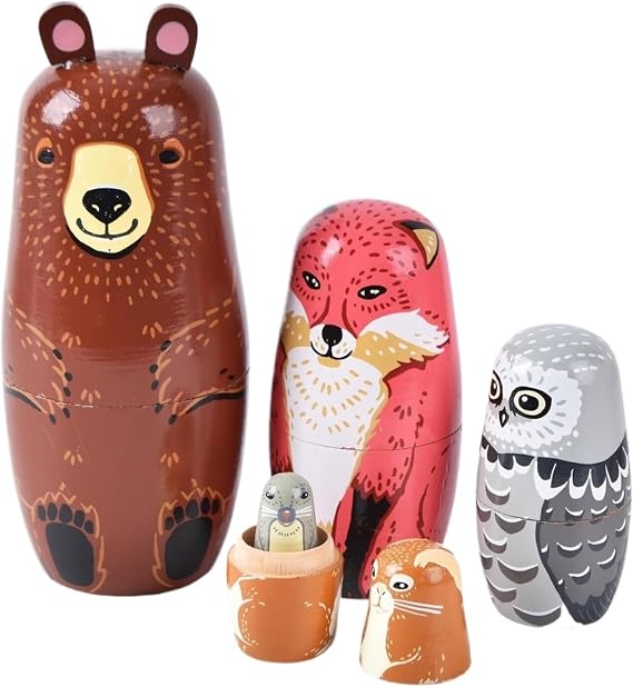 Nesting Dolls Russian Nesting Dolls Set of 5 Matryoshka Doll with Bear Figurine, Wooden Nesting Doll Fox Matryo