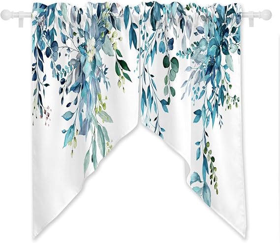 Blue Eucalyptus Leaf Kitchen Swag Curtains, 2 Panels, 28x36 Inch