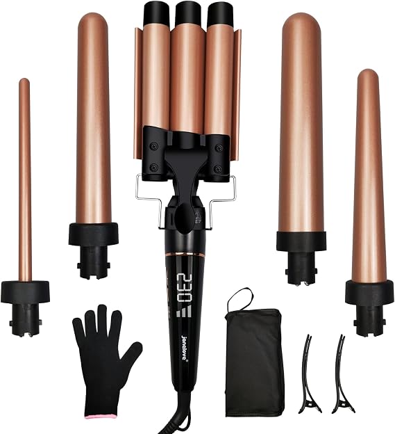 janelove Hair Curler, Curling Wand, with 3 Barrel Hair Waver, from 19 mm to 25mm Waver Curling Wand, LCD Display /180-450°F Temp Adjustment (Gold)