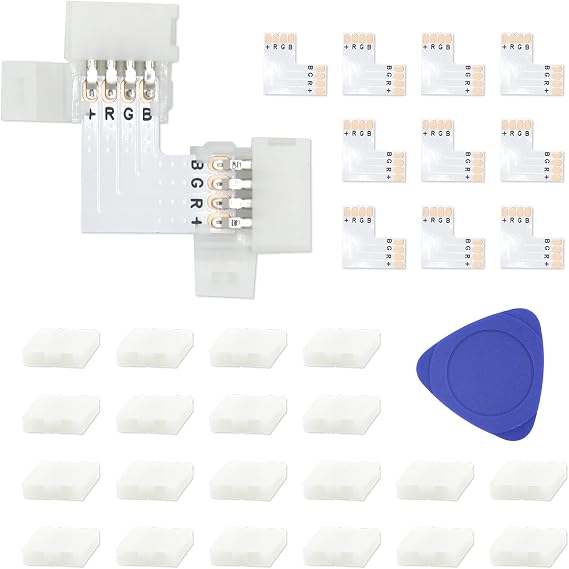 DAYBETTER Led Strip Connector Kit for 2835 8mm 4 Pin, 10 Pcs L Shape 4 Pin Led Connectors 20 Pcs 4 Pin Connector Clips, Solderless LED Strip Accessories for DIY