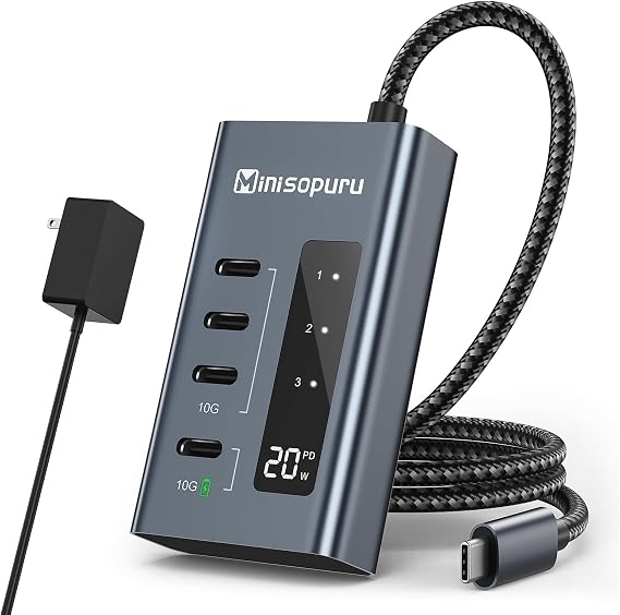 Minisopuru Powered USB C Hub, USB C Splitter 4 Ports with 10Gbps Data & 20W Charging,USB Hub Powered Multiport Adapter for MacBook Pro/Air, iMac, iPad, Phone, Surface,Dell, etc.(Not Support Video)