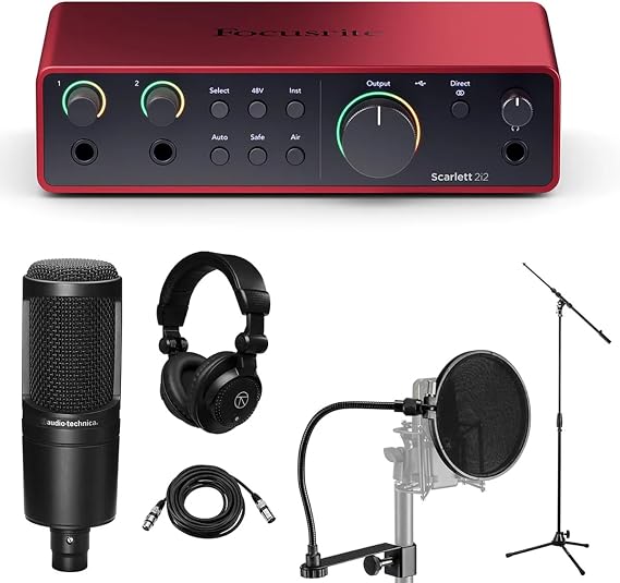 Focusrite Scarlett 2i2 4th Generation USB Interface with Software Suite, AT2020 Microphone, TAPH100 Headphones, Bundle with Mic Stand