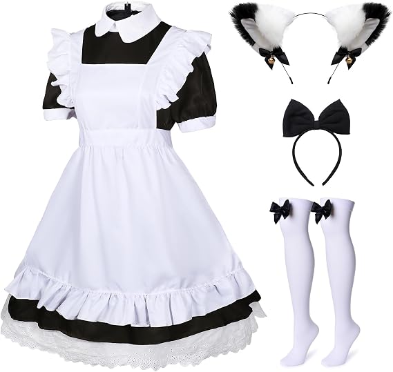 5Pcs Anime French Maid Apron Lolita Fancy Dress Halloween Cosplay Costume With Bow Hair Band Headwear Stockings set